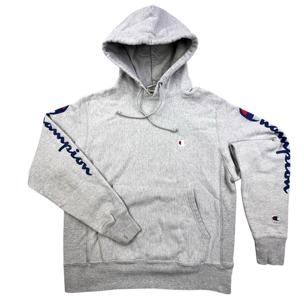 VTG Champion Hoodie Sweatshirt Mens M Gray Reverse Weave Sleeve Logo Spellout
